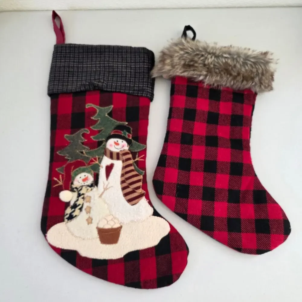 Plaid Christmas Stockings Set of 2 Snowman Applique Faux Fur Rustic Farmhouse